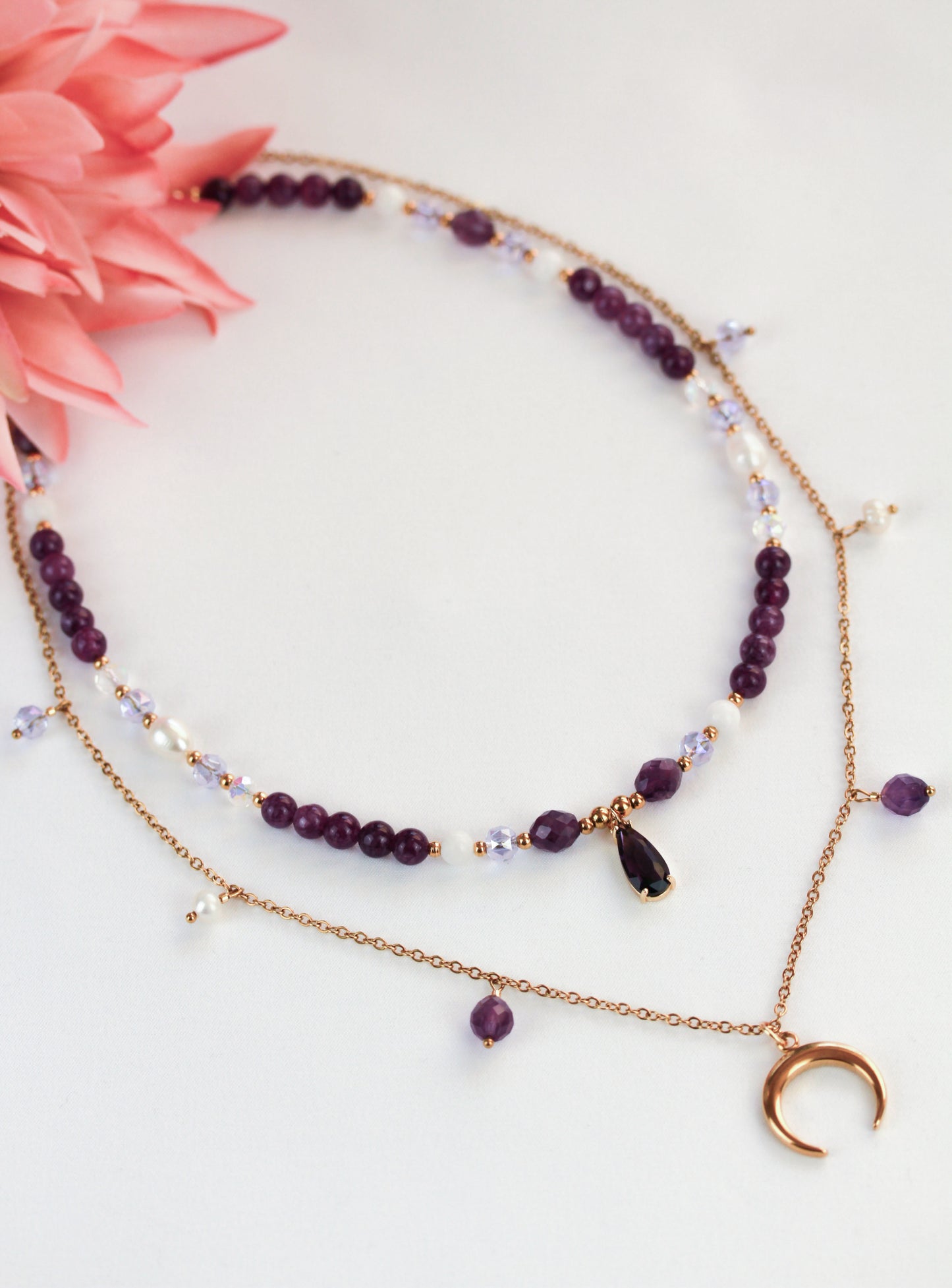 Mondzauber – Doppellayer Amethyst & Mond Anhänger Halskettenset