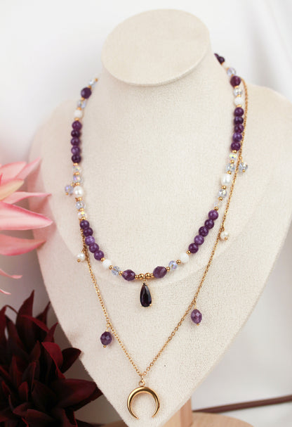 Mondzauber – Doppellayer Amethyst & Mond Anhänger Halskettenset