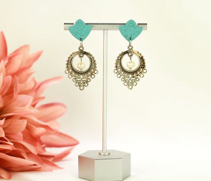 Türkise Oriental Boho Ohrringe mit Silberakzenten – Handgefertigte Polymer Clay Ohrringe