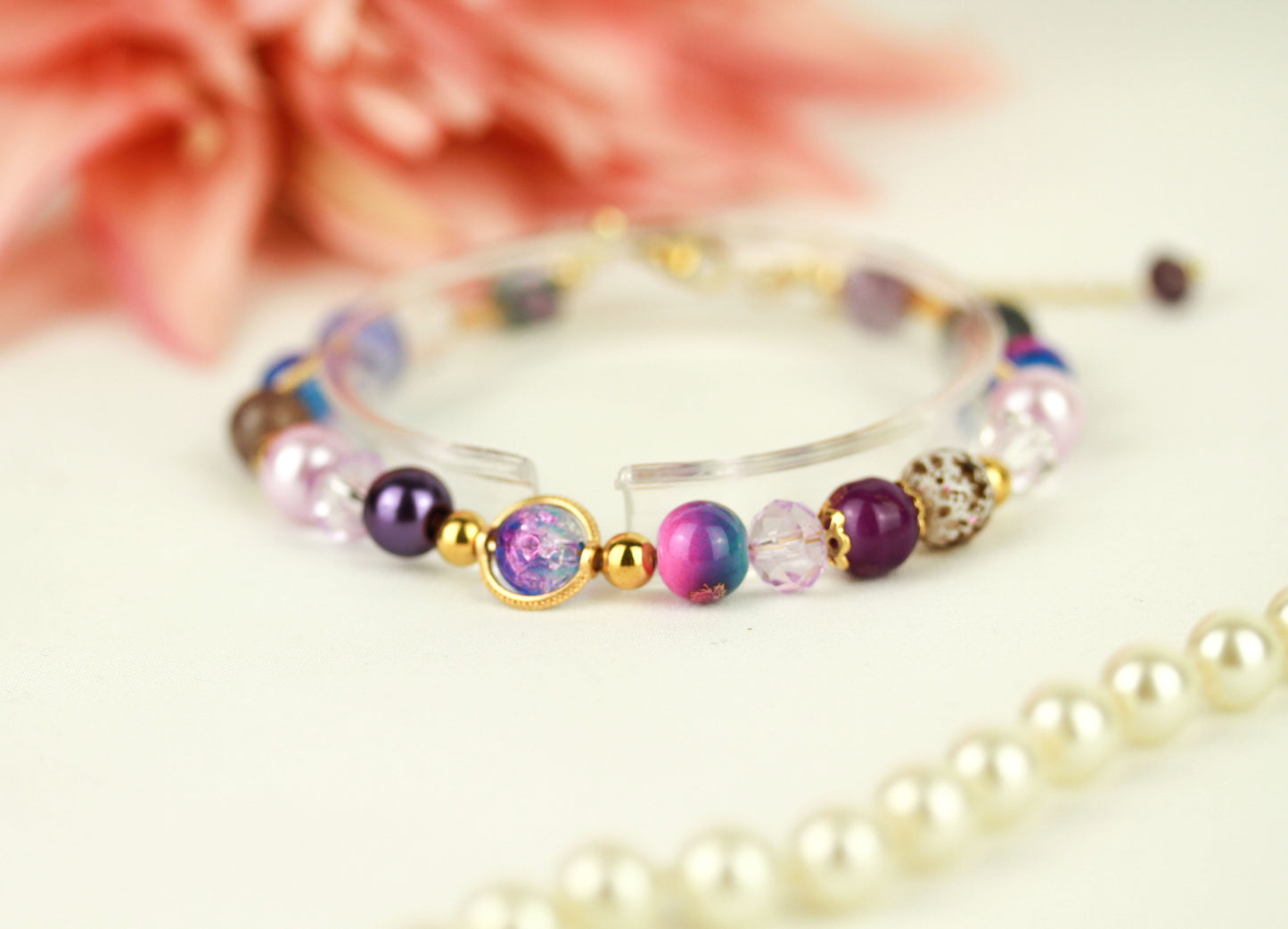 Lila Universe Armband – Kristall & Amethyst Naturstein | Handgefertigtes Perlenarmband