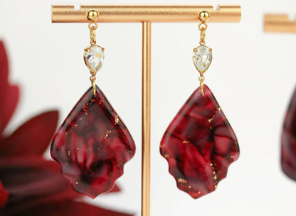 Bordeauxrote Marmor Ohrringe & Halskette mit Zirkonia – Elegantes Set | Kollektion Seraya