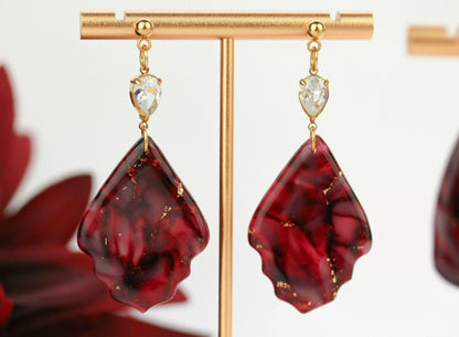 Bordeauxrote Marmor Ohrringe & Halskette mit Zirkonia – Elegantes Set | Kollektion Seraya