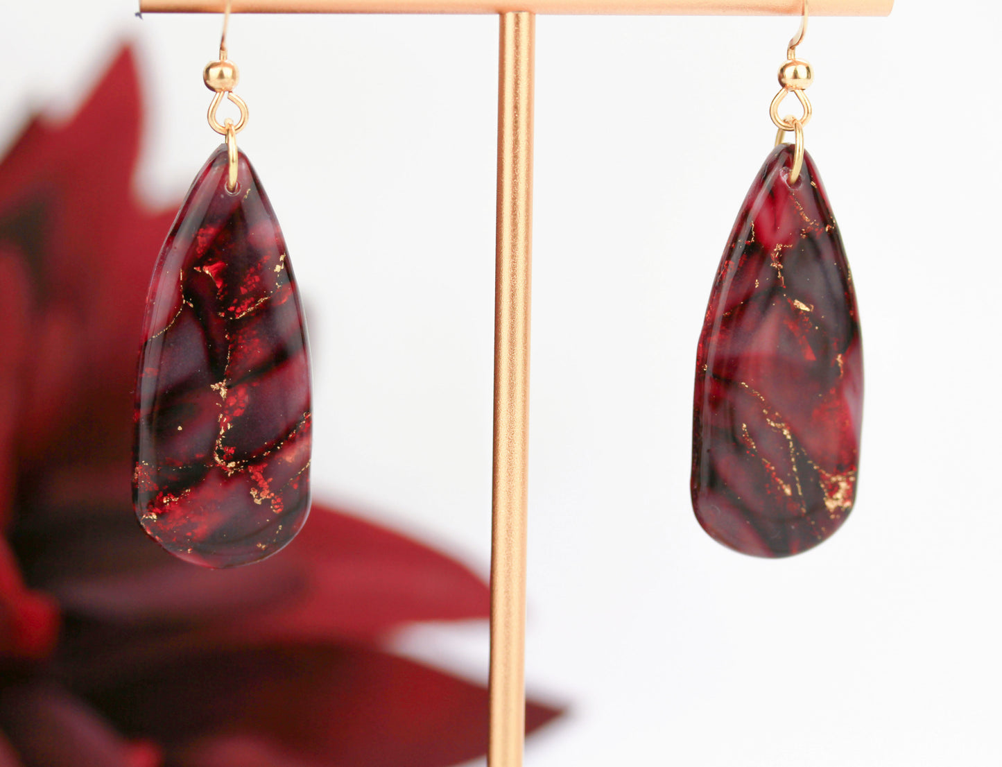 Bordeauxrote Marmor Ohrringe & Halskette mit Zirkonia – Elegantes Set | Kollektion Seraya