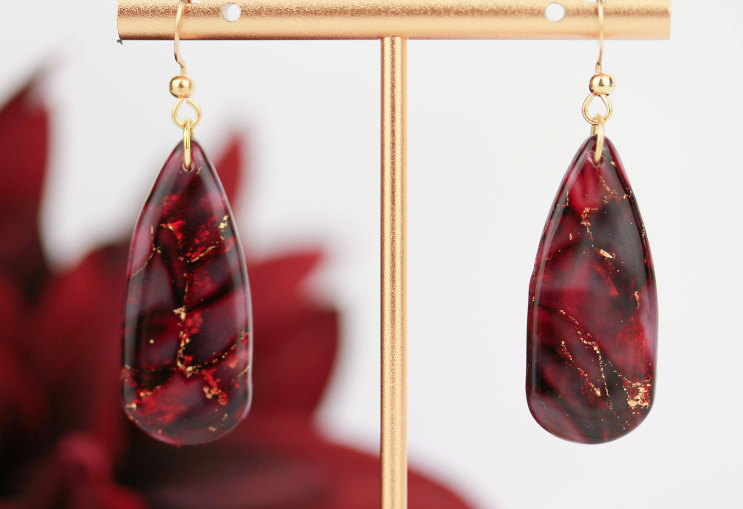 Bordeauxrote Marmor Ohrringe & Halskette mit Zirkonia – Elegantes Set | Kollektion Seraya