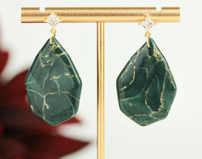 Dunkelgrün-Gold Marmor Ohrringe & Halskette – Elegantes Polymer Clay Set | Kollektion Verdora