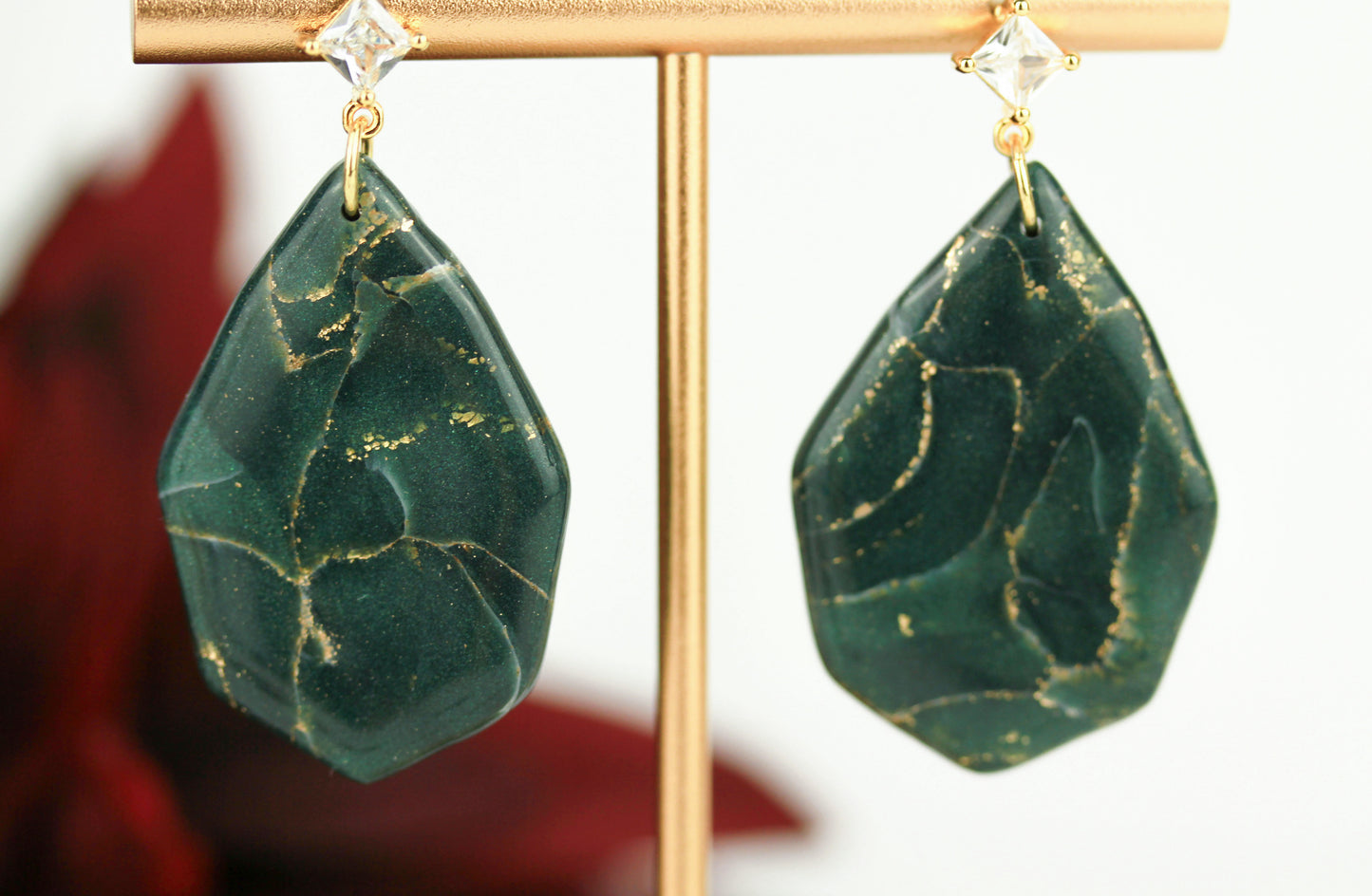 Dunkelgrün-Gold Marmor Ohrringe & Halskette – Elegantes Polymer Clay Set | Kollektion Verdora