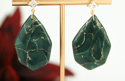 Dunkelgrün-Gold Marmor Ohrringe & Halskette – Elegantes Polymer Clay Set | Kollektion Verdora