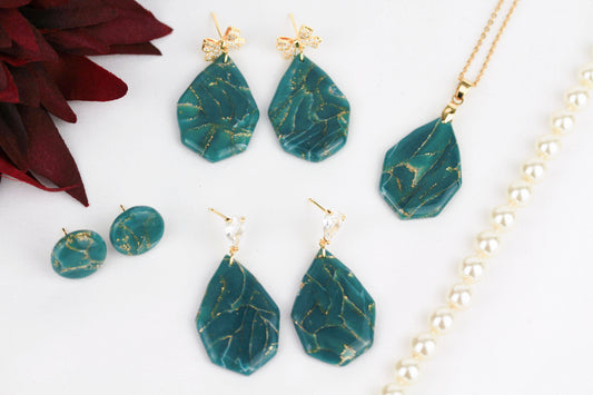 Türkis-Gold Marmor Ohrringe & Halskette – Polymer Clay Schmuckset | Kollektion Turéa