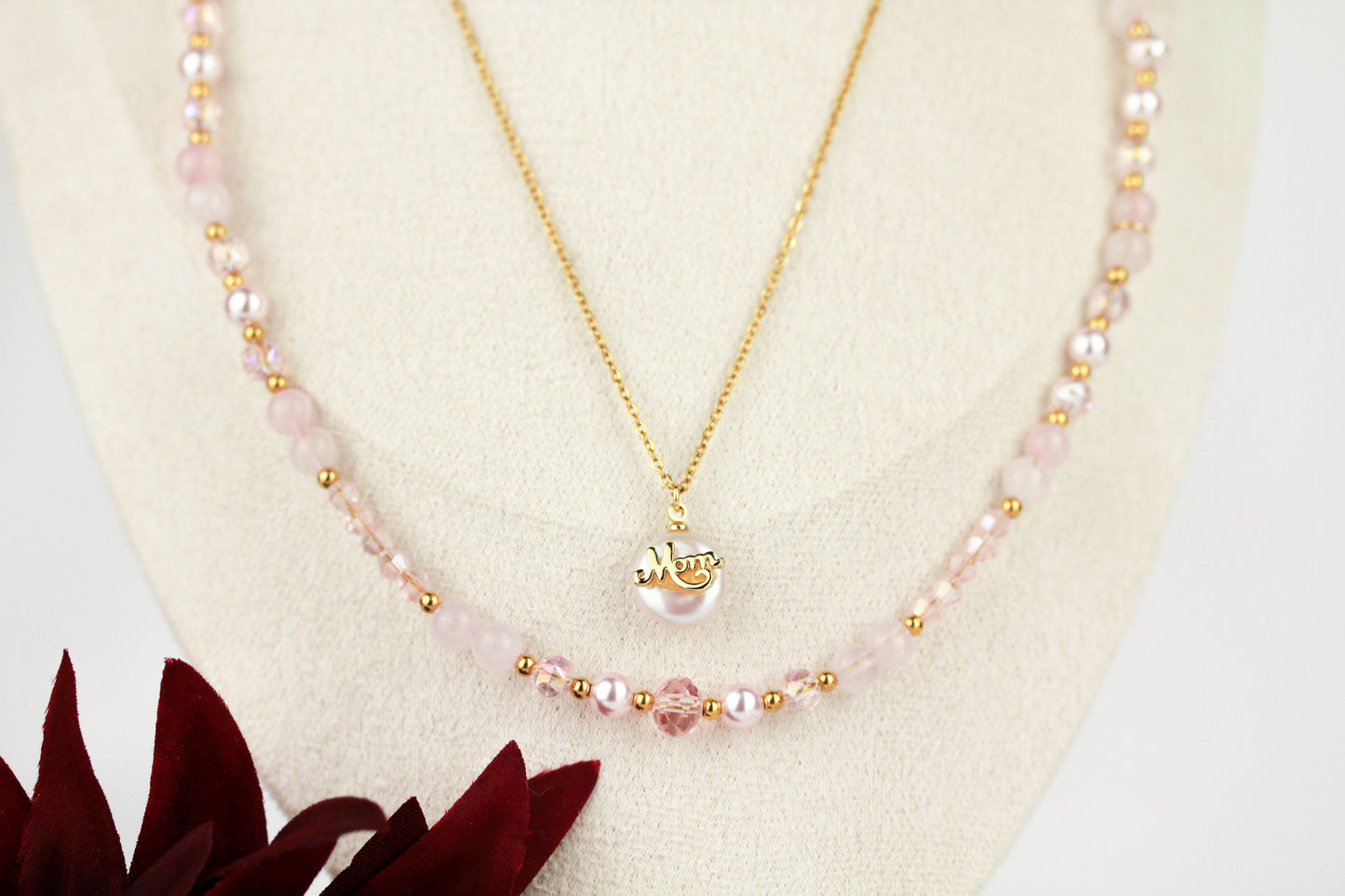 Layering-Schmuckset „Mom“ – Rosenquarz Halskettenset mit Anhänger