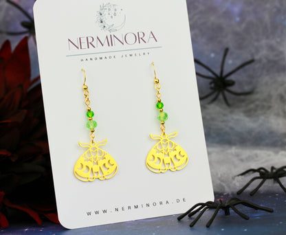 Goldene Motten Ohrringe mit Natursteinperlen – Statement Schmuck | Nocturne Kollektion