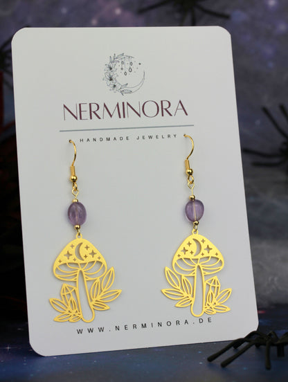 Goldene Pilz Ohrringe mit Natursteinperlen – Statement Schmuck | Enchanted Mushrooms