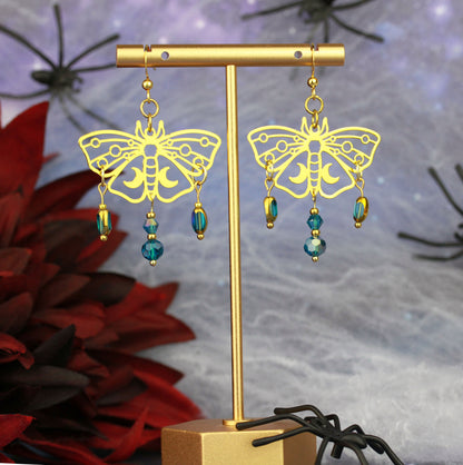 Blau-Goldene Motten Ohrringe – Lunara Ornament Statement Ohrringe