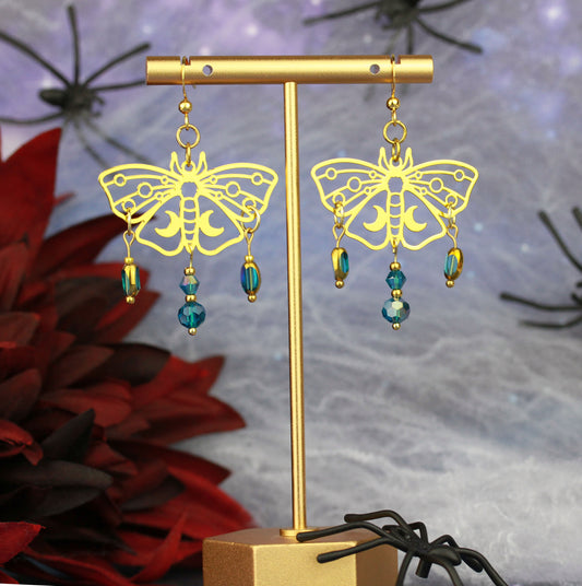 Blau-Goldene Motten Ohrringe – Lunara Ornament Statement Ohrringe