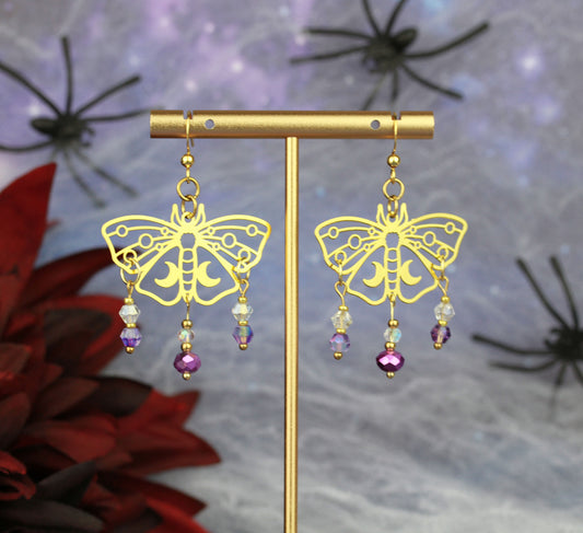 Violett-Goldene Motten Ohrringe – Lunara Kollektion | Statement Schmuck