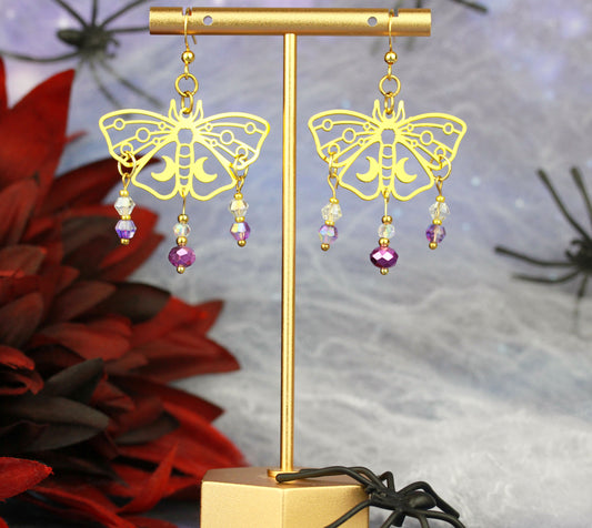 Violett-Goldene Motten Ohrringe – Lunara Kollektion | Statement Schmuck