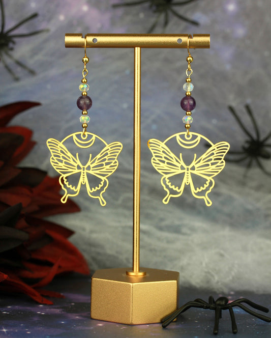 Golden Butterfly Ohrringe mit Amethyst Natursteinperlen – Mystora Kollektion