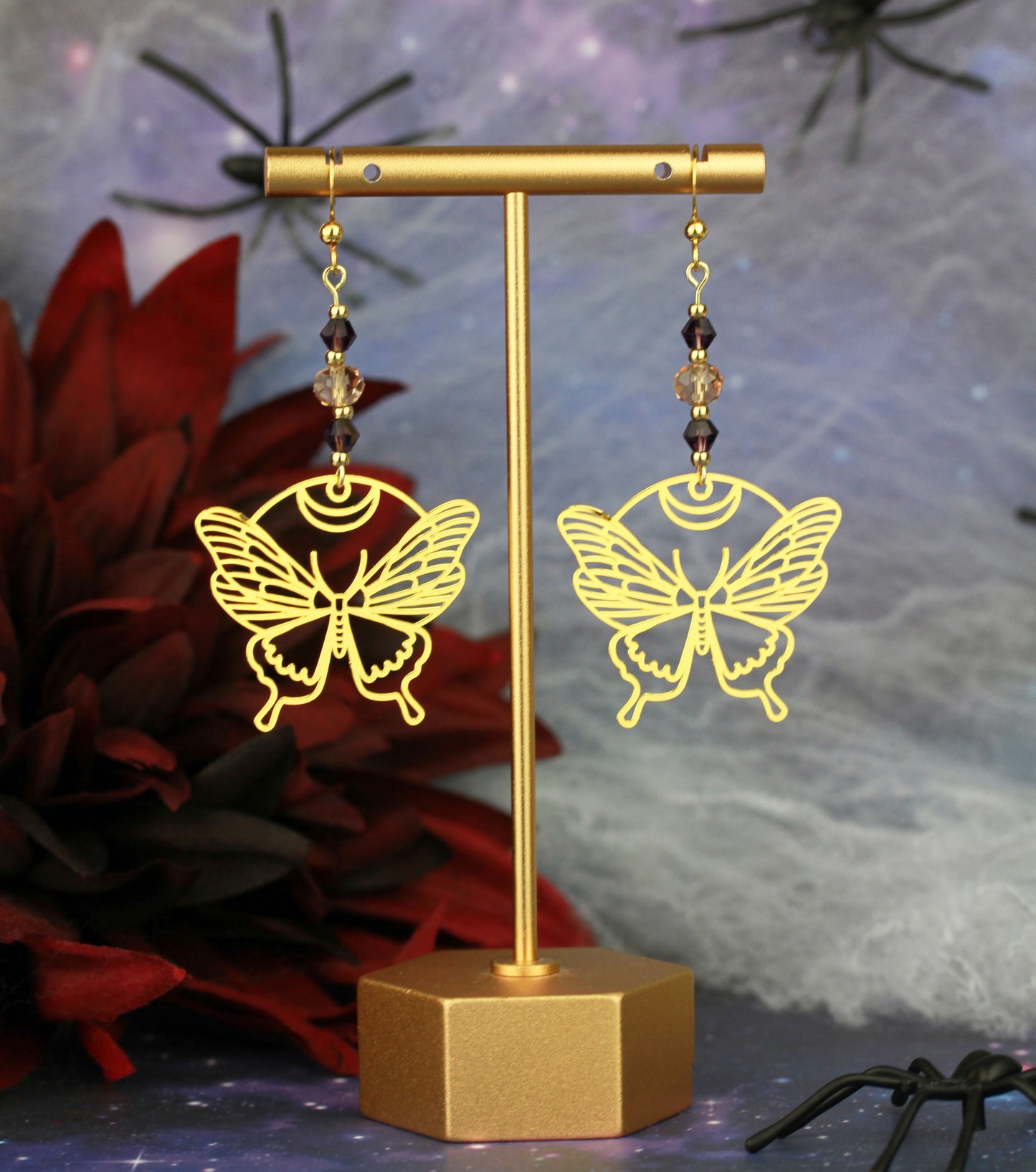 Golden Butterfly Ohrringe mit Kristallperlen – Mystora Kollektion