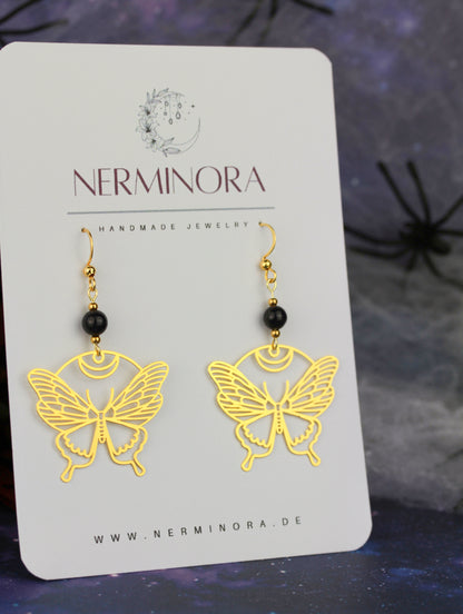 Golden Butterfly Ohrringe mit Starstone Natursteinperlen – Mystora Kollektion