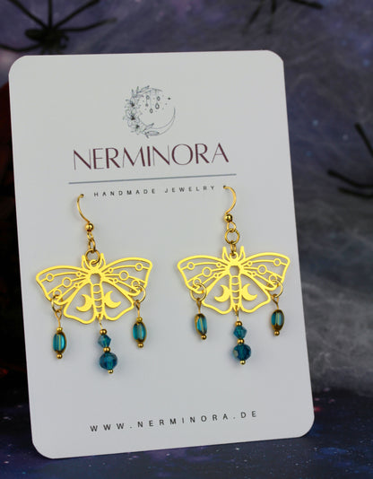 Blau-Goldene Motten Ohrringe – Lunara Ornament Statement Ohrringe