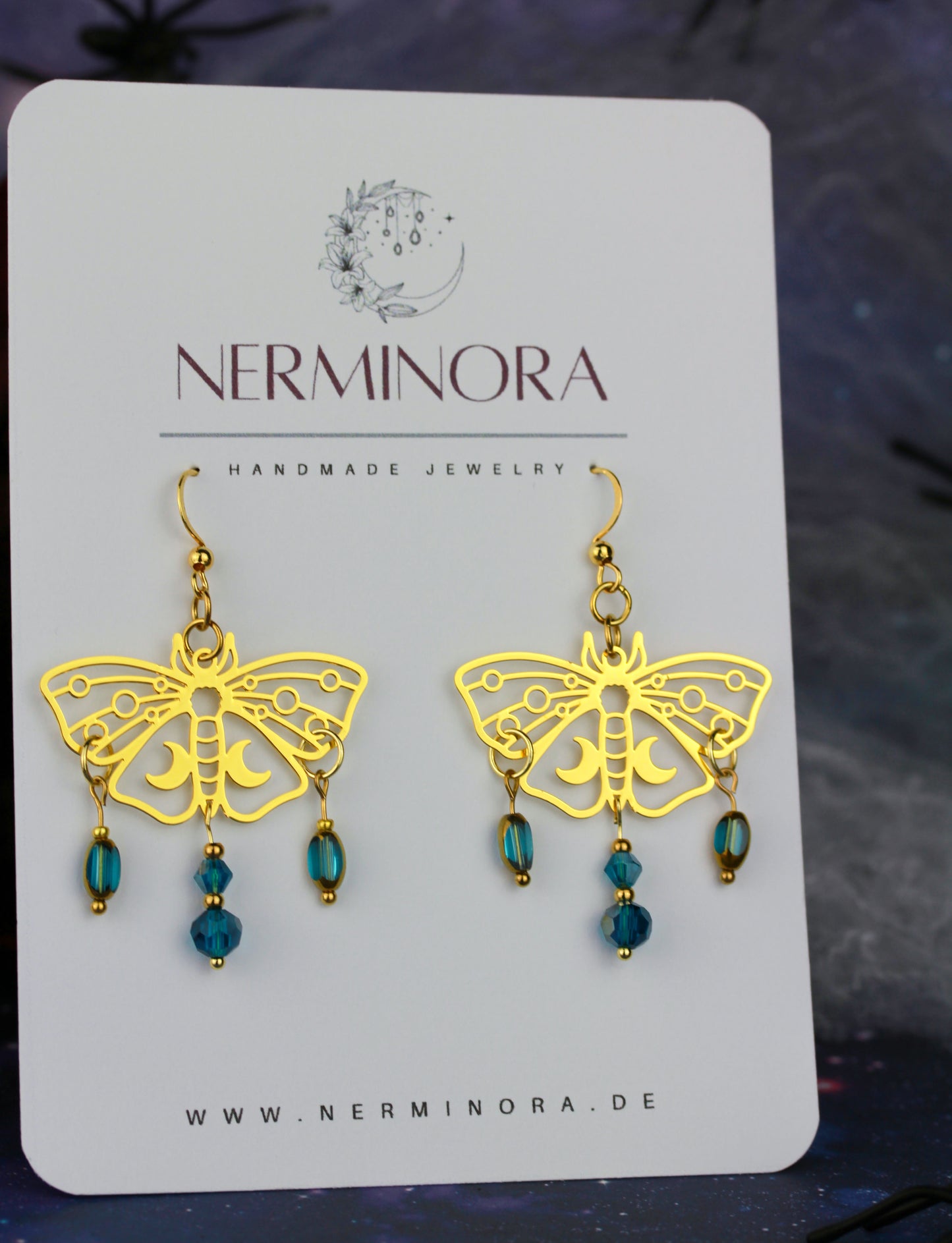 Blau-Goldene Motten Ohrringe – Lunara Ornament Statement Ohrringe