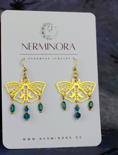 Blau-Goldene Motten Ohrringe – Lunara Ornament Statement Ohrringe