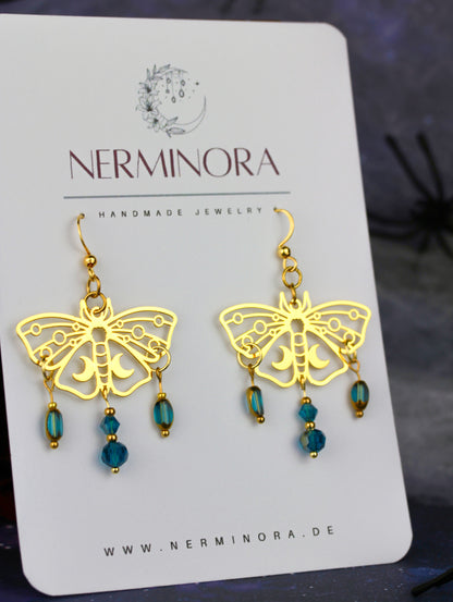 Blau-Goldene Motten Ohrringe – Lunara Ornament Statement Ohrringe