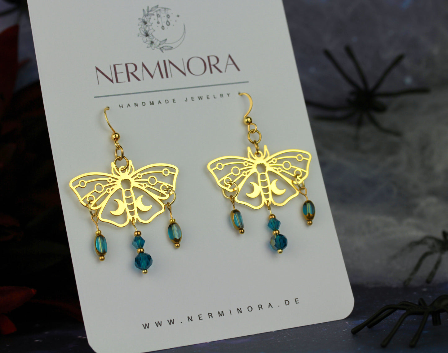 Blau-Goldene Motten Ohrringe – Lunara Ornament Statement Ohrringe