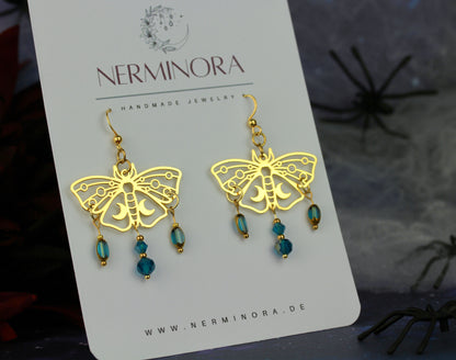 Blau-Goldene Motten Ohrringe – Lunara Ornament Statement Ohrringe