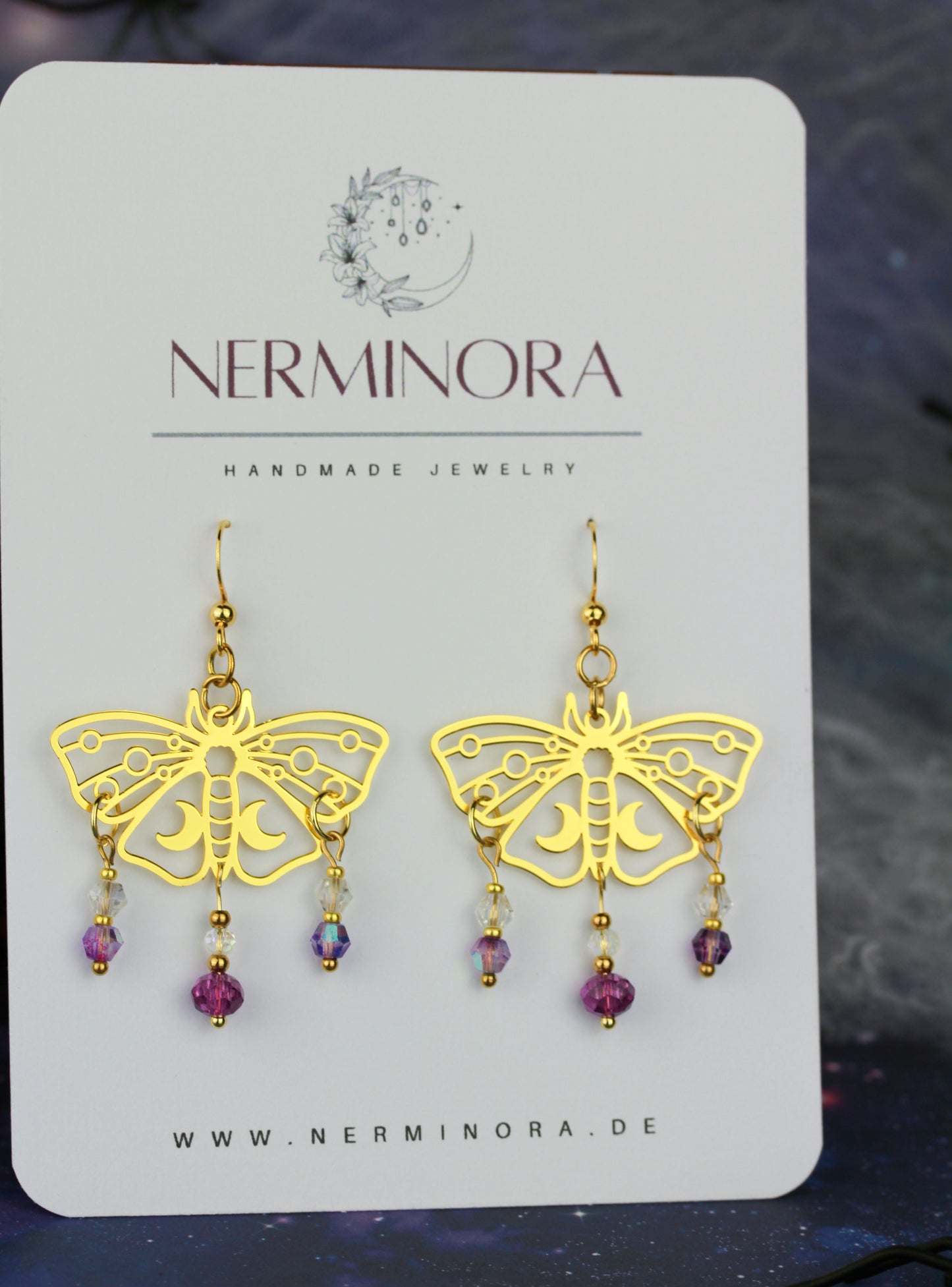 Violett-Goldene Motten Ohrringe – Lunara Kollektion | Statement Schmuck