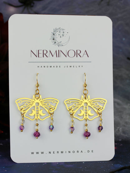 Violett-Goldene Motten Ohrringe – Lunara Kollektion | Statement Schmuck