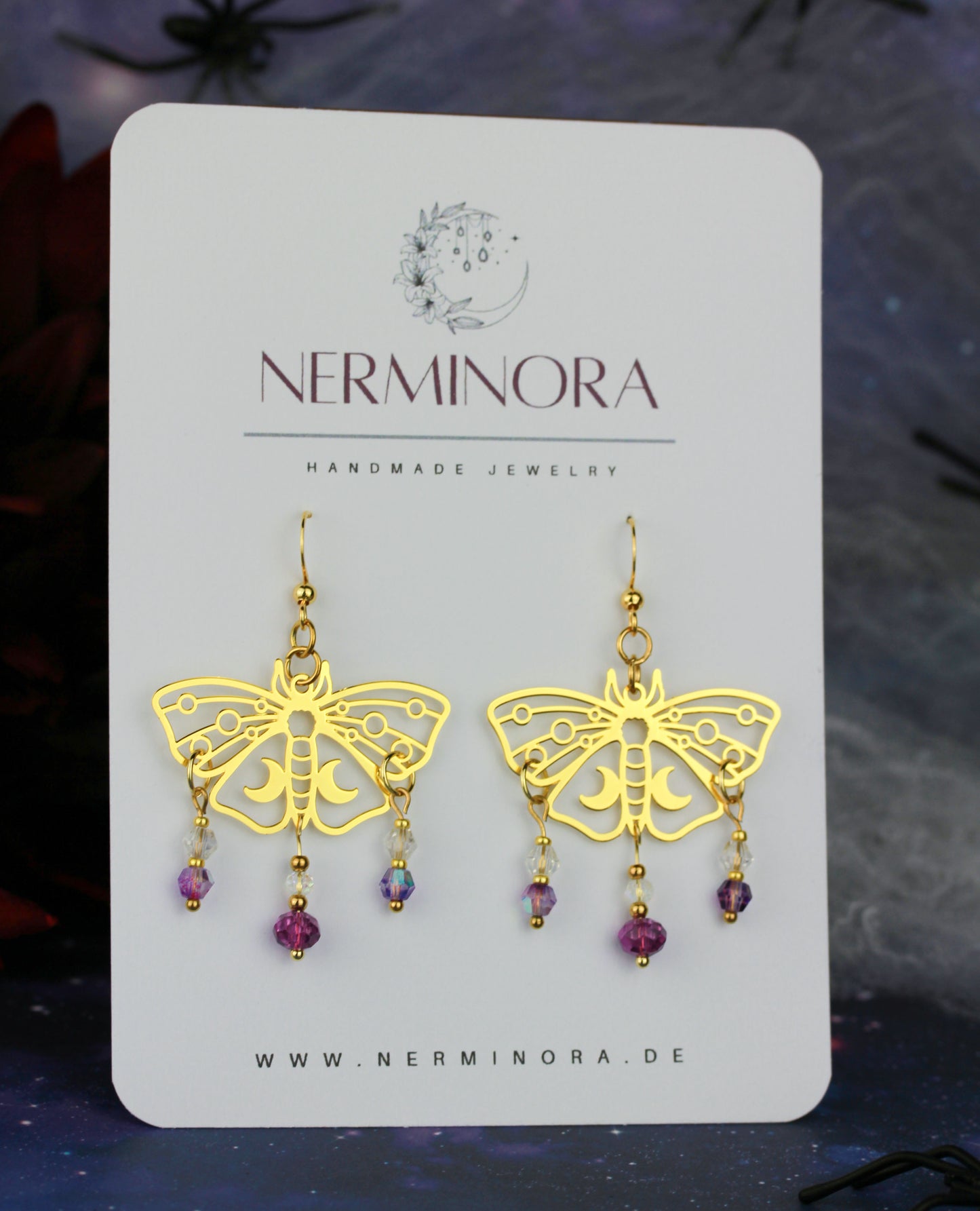 Violett-Goldene Motten Ohrringe – Lunara Kollektion | Statement Schmuck