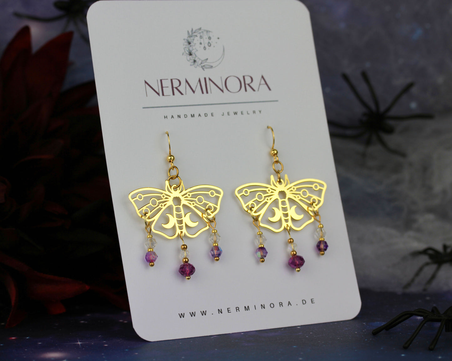 Violett-Goldene Motten Ohrringe – Lunara Kollektion | Statement Schmuck