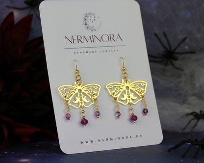 Violett-Goldene Motten Ohrringe – Lunara Kollektion | Statement Schmuck