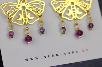 Violett-Goldene Motten Ohrringe – Lunara Kollektion | Statement Schmuck