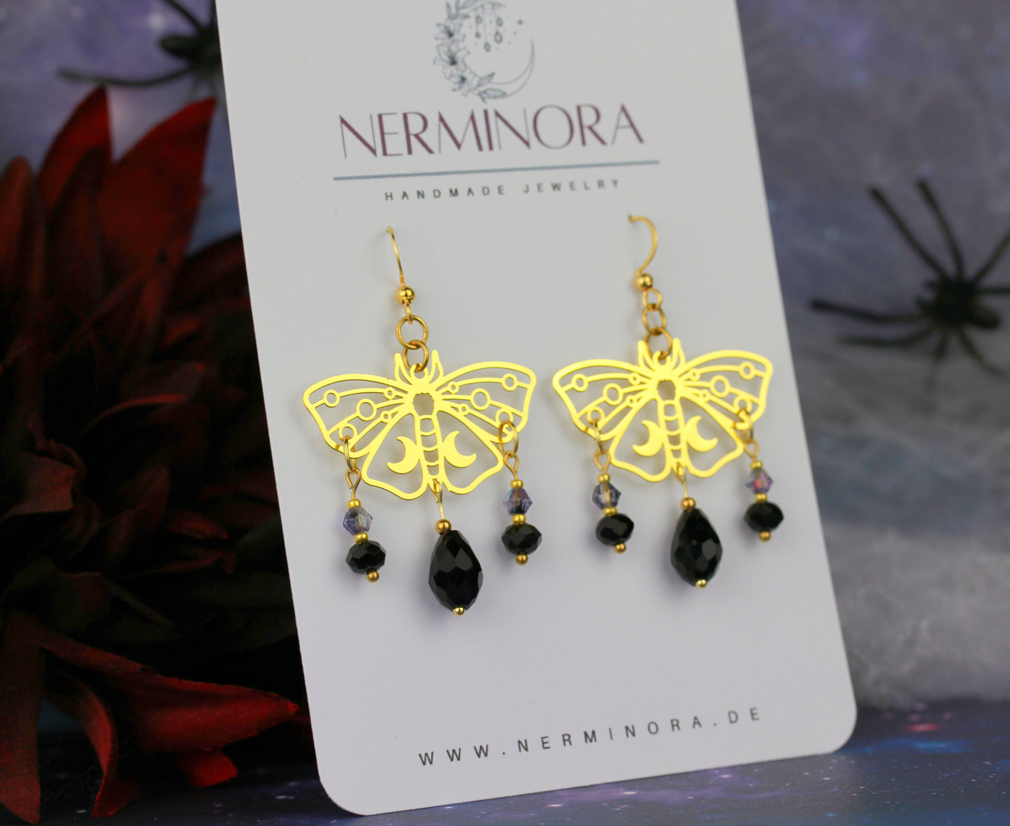 Schwarz-Goldene Motten Ohrringe – Lunara Kollektion | Statement Ohrringe