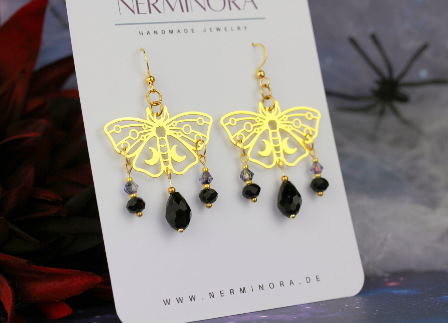 Schwarz-Goldene Motten Ohrringe – Lunara Kollektion | Statement Ohrringe