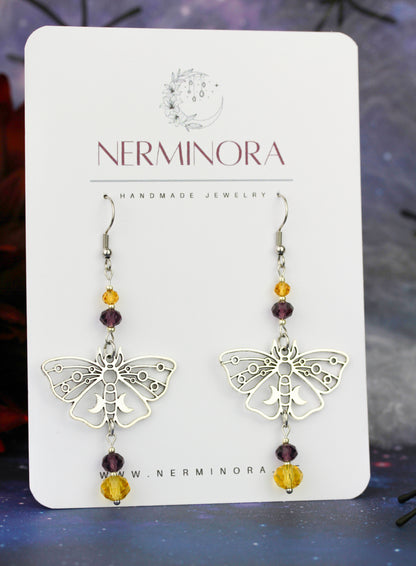 Silver Butterfly Ohrringe mit lila-gelben Kristallperlen – Amberwing Kollektion