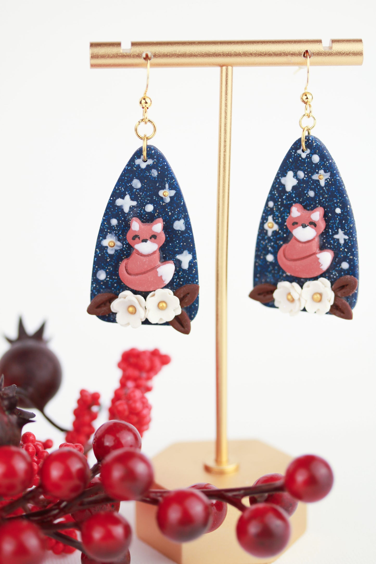 Fuchs unter Sternenhimmel Ohrringe – Handgefertigte Polymer Clay Statement Ohrringe