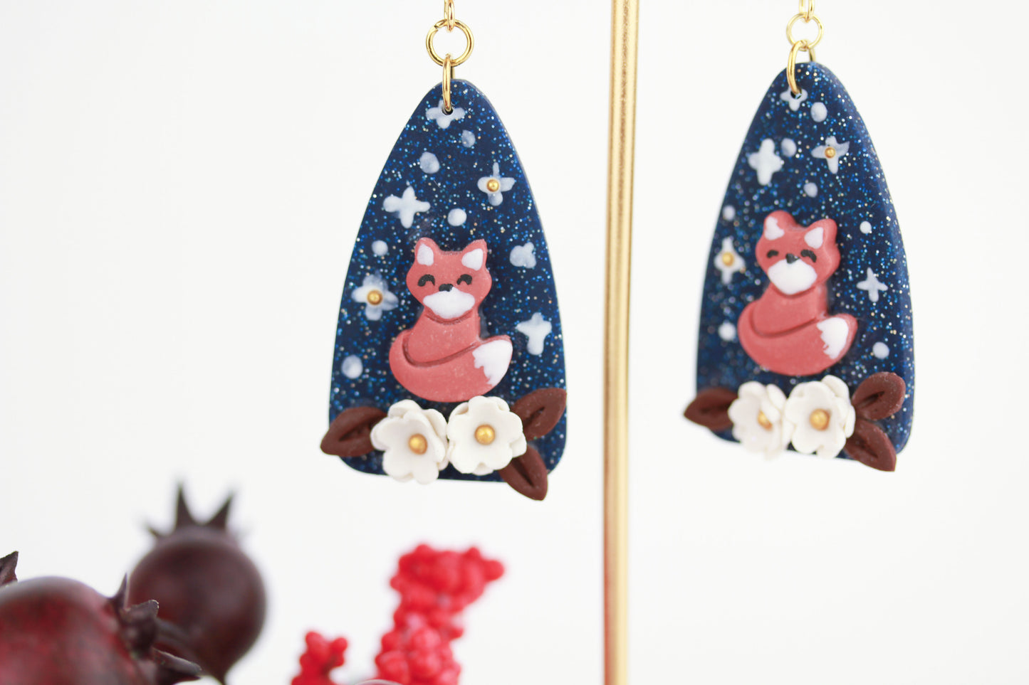 Fuchs unter Sternenhimmel Ohrringe – Handgefertigte Polymer Clay Statement Ohrringe