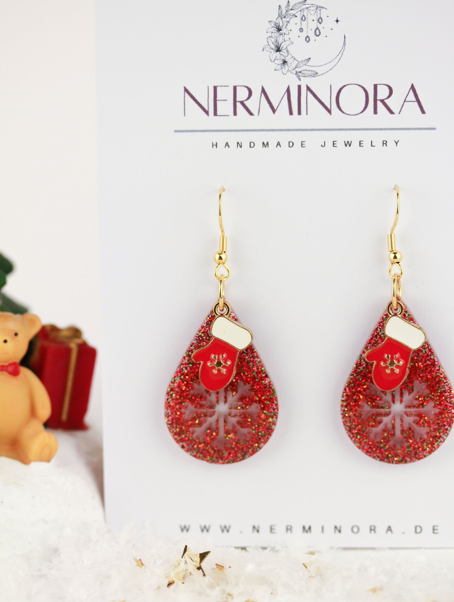 Rote Weihnachts Ohrringe mit Anhänger – Handgefertigte Harzschmuck