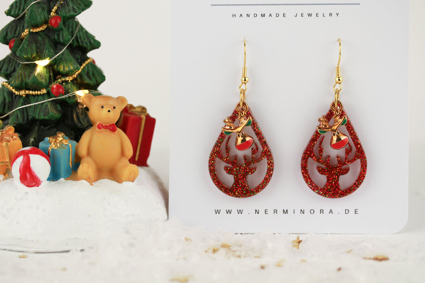 Rote Weihnachts Ohrringe mit Anhänger – Handgefertigte Harzschmuck