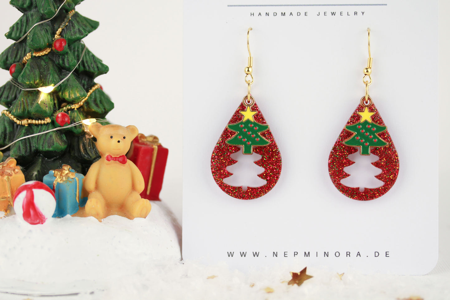 Rote Weihnachts Ohrringe mit Anhänger – Handgefertigte Harzschmuck