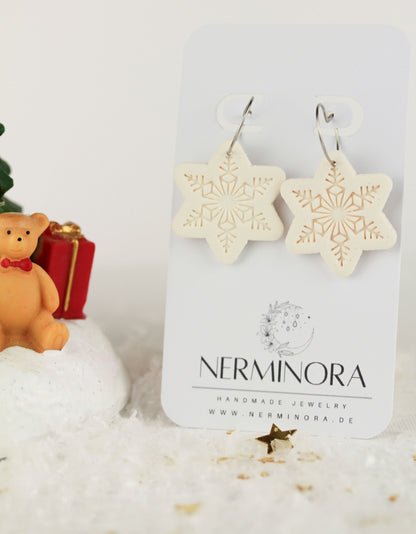 Schneeflocken Ohrringe Weiß Glitzer – Handgefertigte Polymer Clay Statement Ohrringe