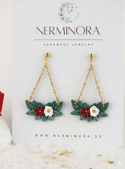 Mistelzweig Polymer Clay Hängeohrringe – Handgefertigte Weihnachts-Statement Ohrringe