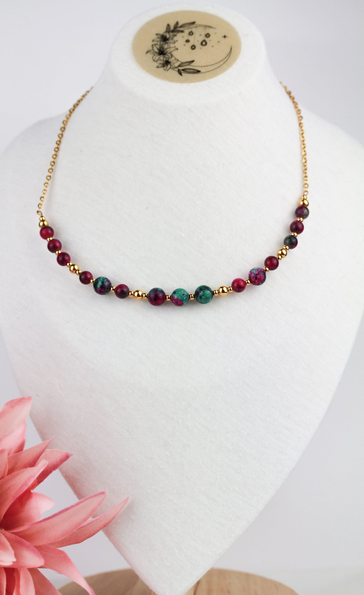 Rubin-Zoisit Perlenkette – Grün-Pink Naturstein für Energie & Harmonie