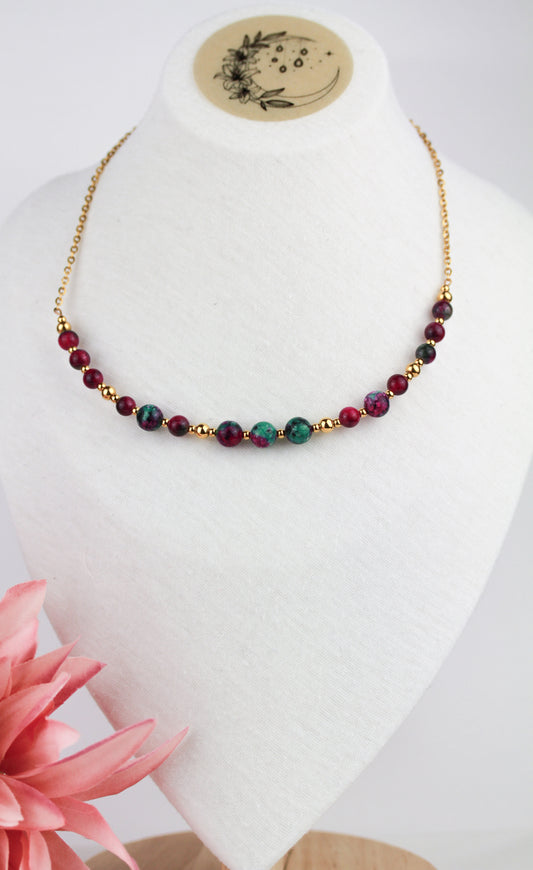 Rubin-Zoisit Perlenkette – Grün-Pink Naturstein für Energie & Harmonie