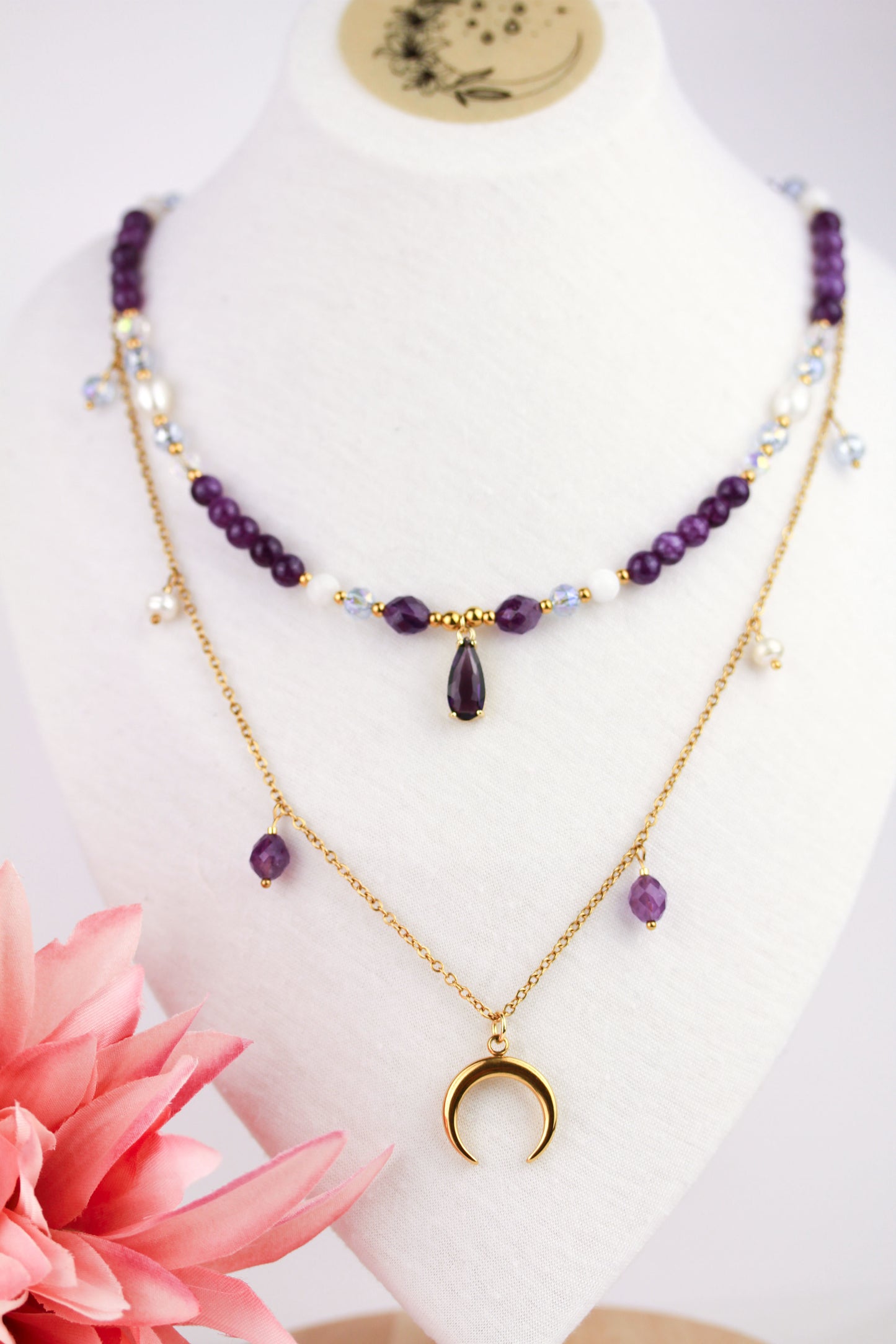 Mondzauber – Doppellayer Amethyst & Mond Anhänger Halskettenset