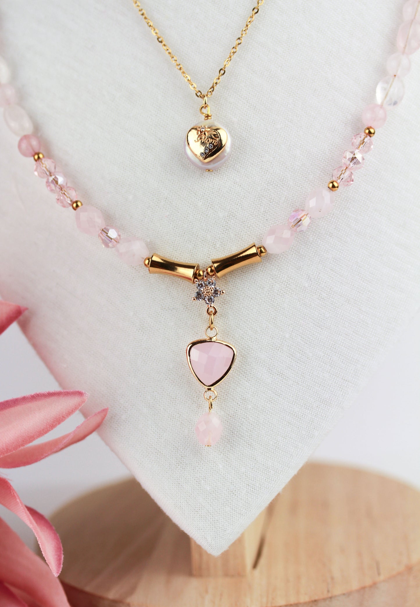 Rosenquarz „Mom“ Layering Halskettenset – Handgefertigt