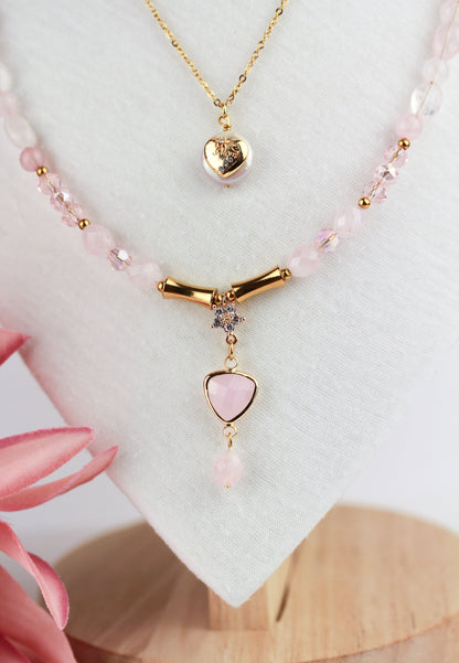 Rosenquarz „Mom“ Layering Halskettenset – Handgefertigt