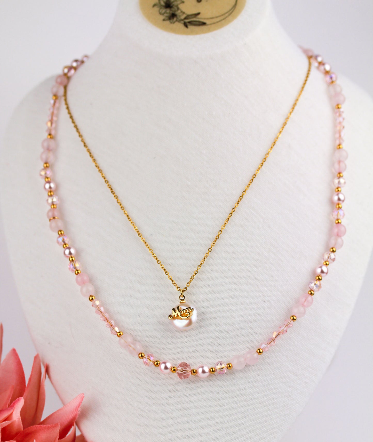 Layering-Schmuckset „Mom“ – Rosenquarz Halskettenset mit Anhänger